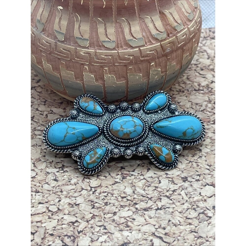 Western Turquoise Silver Cowgirl Gift Wedding Blue Aztec Pin Hair Clip Jewelry